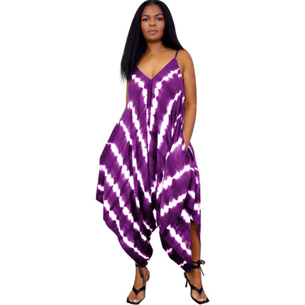 European And American Positioning Printing Fashion Loose Sleeveless Split Jumpsuit