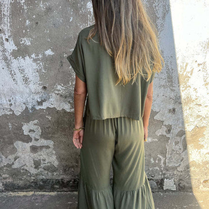 Short-sleeved Suit Summer Round Neck Pullover Top And Drawstring Wide-leg Pants Fashion Set For Women Clothing