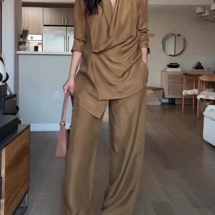 Wrap-style Satin Blouse And Wide-leg Pants Set