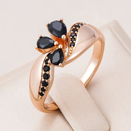 French Luxury Black Zircon Floral Women's Ring