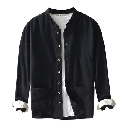 Chinese-style Stand Collar Ramie Long-sleeved Shirt Breathable Linen Casual Chinese-style Shirt For Men