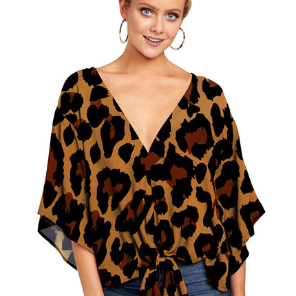 New V Neck Blouse Women Leopard Print Shirts Floral Tie Front Blouses Batwing Summer Oversize Ladies Tops