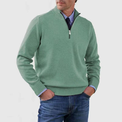 Men's Stand Collar Zipper Sweater Winter Fashion Solid Color Long Sleeve Knitted Top Clothing