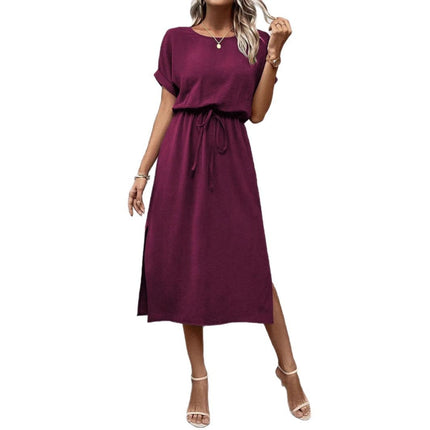 Women's Solid Color Reverse Sleeve Flat Short Sleeve Crew Neck Split Dress