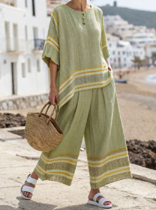 Summer Striped Suits Loose Batwing Sleeve T-shirt And Solid Straight-leg Pants