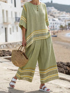 Summer Striped Suits Loose Batwing Sleeve T-shirt And Solid Straight-leg Pants