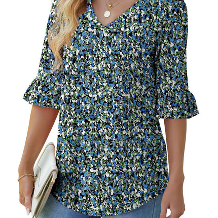 Printed Shirt V-neck Floral Flared Half Sleeve Top