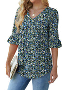 Printed Shirt V-neck Floral Flared Half Sleeve Top