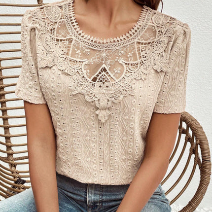 Lace Stitching Hollow Round Neck Solid Color Short Sleeve