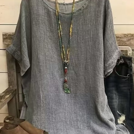 Women Fashion Casual Shirts Solid Color 3 4 Sleeve Round Neck Blouses Summer Loose Tops Streetwear