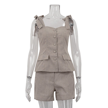 Cotton Bow Suspenders Vest Loose Shorts Two-piece Set