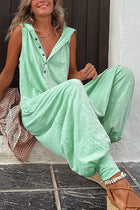 Hot Selling Button Up Hooded Sleeveless Pants In Stock, Jumpsuit With Pockets