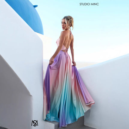 Womens Flared Defined-Waist Gradient-Dye Dress