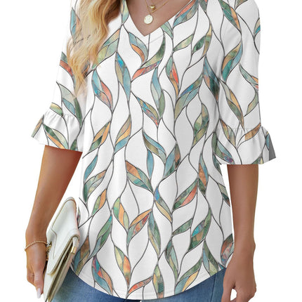 Printed Shirt V-neck Floral Flared Half Sleeve Top