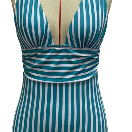 New Women Green Striped One-piece Bikini Swimsuit