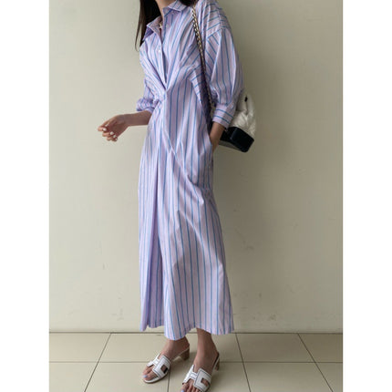 Contrast Color Striped Pleated Design Loose Casual Long Sleeves Shirt Dress