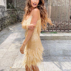 Sexy Tassel Sequins Feather Summer Mini Dress Women V Neck Spaghetti Strap Stitching Dresses Female Elegant Evening Party Club Dress