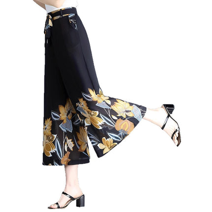 910-length Plus-size Figure-flattering Womens Flowy High-waisted Chiffon Wide-leg Pants
