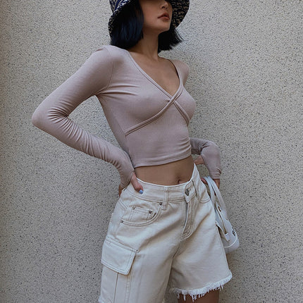 Large pocket loose embryo color five-point overalls shorts raw edge jeans casual pants women