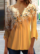 Spring And Autumn New Printed Spike Button Irregular Three-quarter Sleeve T-shirt Casual Top Yellow