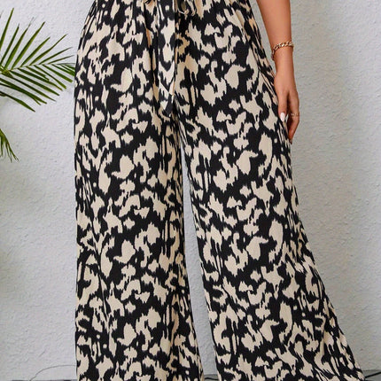 Women's Plus Size Printed Wide-Leg Pants - Summer Casual Elastic Waist Long Trousers With Belt