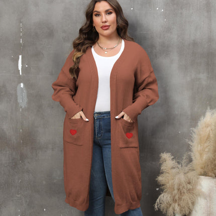 Women's Plus Size Mid-length Woven Love Double Pocket Lantern Sleeve Sweater Cardigan
