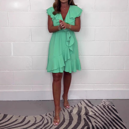 V-neck Waist-controlled Skirt Ruffled Solid Color Dress Women