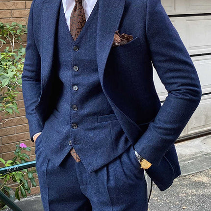 Autumn Winter Retro Herringbone Wool Slim Fit Men's Suits