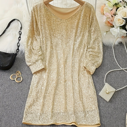 Vibrant Bodycon V-Neck Long Sleeve Sequin Dress - Shimmering Contrast Details, Mid-Elastic Polyester Fabric, Sexy Party Wear For Women - All-Season, No Sheer, Knit Fabric Construction