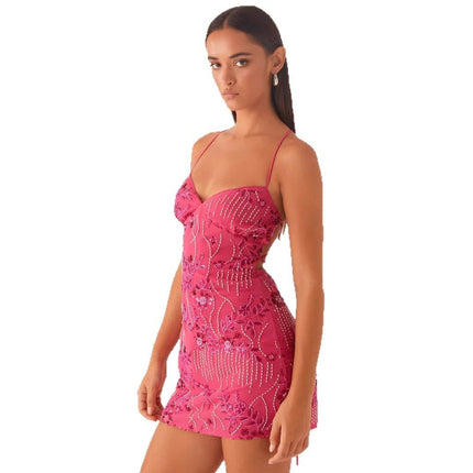 Women's Sequined Embroidered Backless Sling Dress