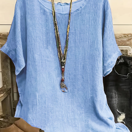 Women Fashion Casual Shirts Solid Color 3 4 Sleeve Round Neck Blouses Summer Loose Tops Streetwear