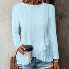 Women Eyelet Long Sleeve Tops Shirts Dressy Casual Crew Neck Ruffle Hem Blouses