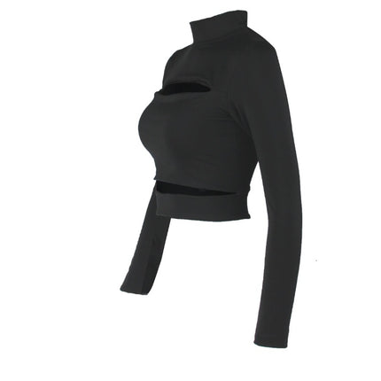 Europe Sexy Hollow Cross-border Long-sleeved High-necked Blouses Short Top