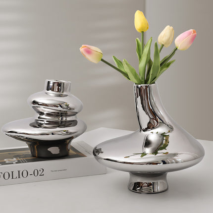 Modern Light Luxury Irregular Silver Plated Ceramic Vase