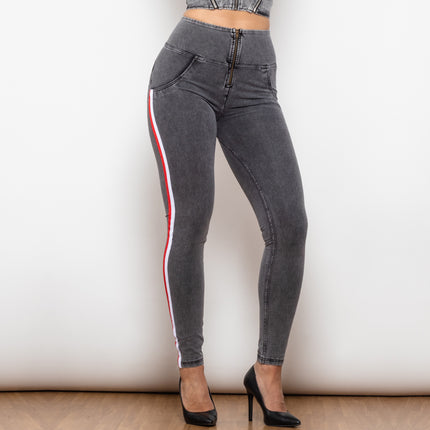 Shascullfites Melody High Waist Dark Thread Grey Jeans With Stripe Jeans Bum Lift Pants Shaping Jeggings Women Pants