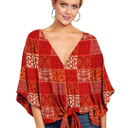 New V Neck Blouse Women Leopard Print Shirts Floral Tie Front Blouses Batwing Summer Oversize Ladies Tops