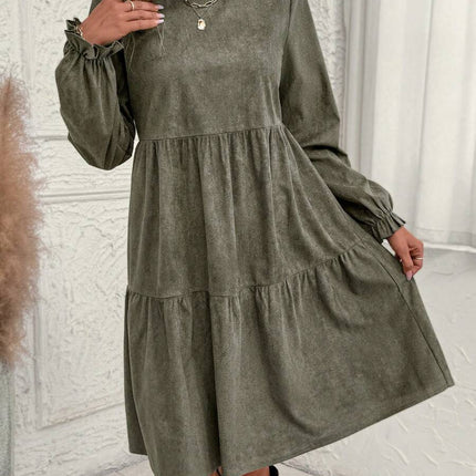 Women's Casual Solid Color Ruffle Sleeve Midi Dress Spring And Autumn