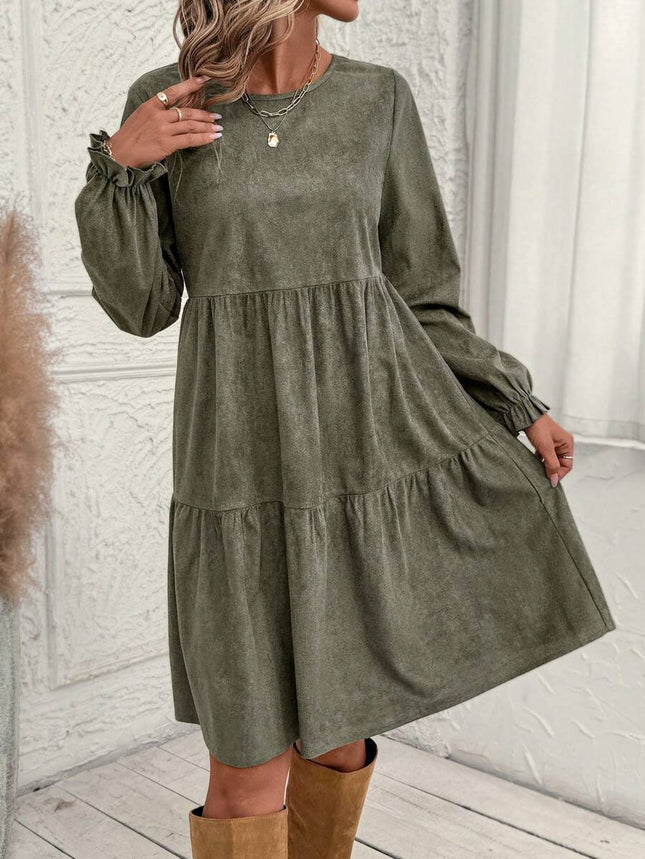 Women's Casual Solid Color Ruffle Sleeve Midi Dress Spring And Autumn