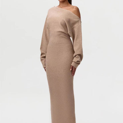 Ins Slim Long Sleeve Knitted Dress Evening Party Sexy Off-shoulder Bodycon Long Dresses