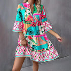 Womens Mini Dress Casual V-Neck Printed Flared Sleeve Pleated Short Beach Dresses