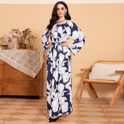 Elegant Style Round Neck Color Contrast Flowers Belt Flared Sleeve Long Dresses