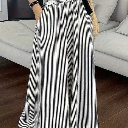 Leisure Striped Elastic Waist Wide-leg Draggle-tail Trousers
