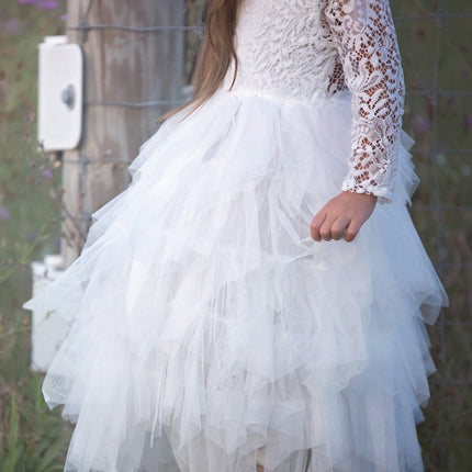Autumn And Winter Explosions Hollow Children's Skirt Lace Long-sleeved Girls White Princess Dress Irregular Dress