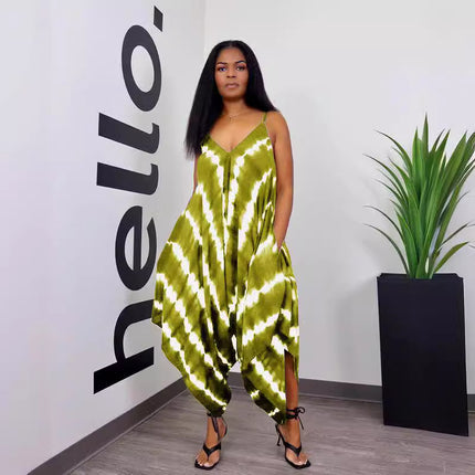 European And American Positioning Printing Fashion Loose Sleeveless Split Jumpsuit