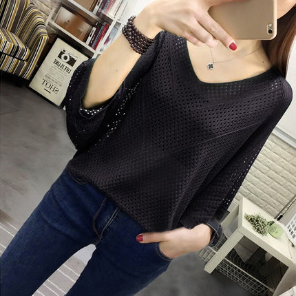 Hollow-out Short-sleeved Loose Knitted Shirt V-neck