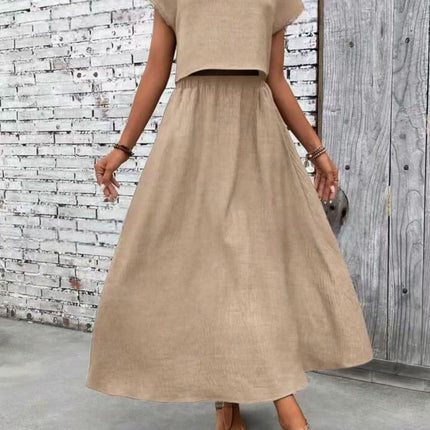 2 Piece Set Women's Solid Color Short Sleeve Top And Casual A- Line Dress Suit