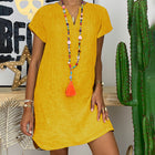 Womens Summer Casual Solid Color V Neck Short Sleeve Dresses Boho Beach Sundresses