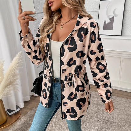 European And American Size Women's Casual Leopard Print Zipper Hooded Jacket Fashion Brand
