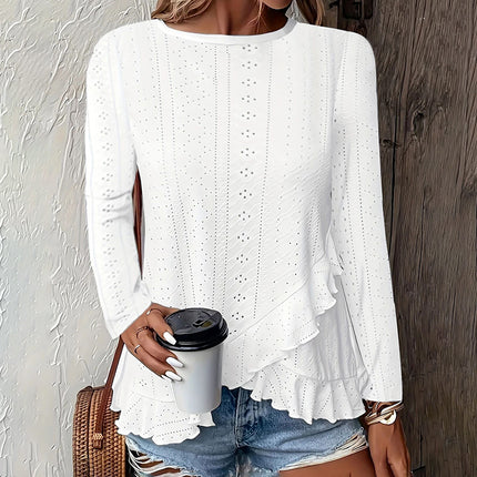 Women Eyelet Long Sleeve Tops Shirts Dressy Casual Crew Neck Ruffle Hem Blouses