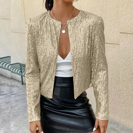Stand Collar Color Matching Sequins Coat Short Casual Jacket